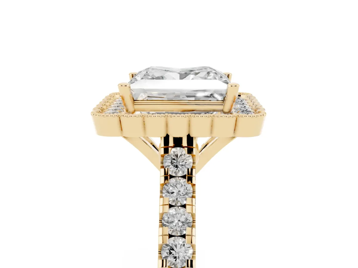 Princess Cut Cut Diamond Milgrain Floral Halo Engagement Ring with Pavé Band Yellow gold