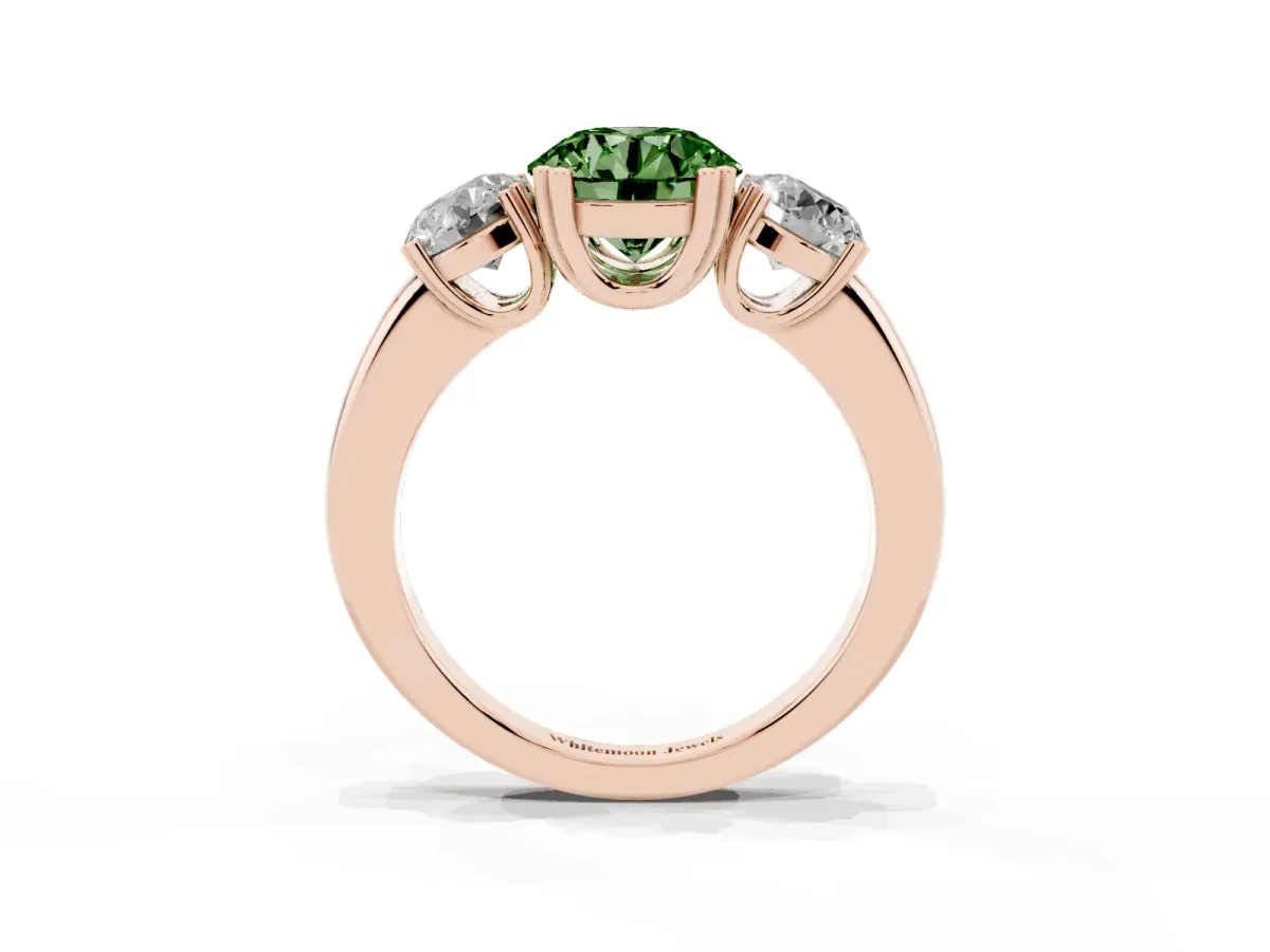 Fancy Green Three-Stone Round Cut Cut Diamond Ring with Channel Set Band and Four-Prong Setting Rose gold