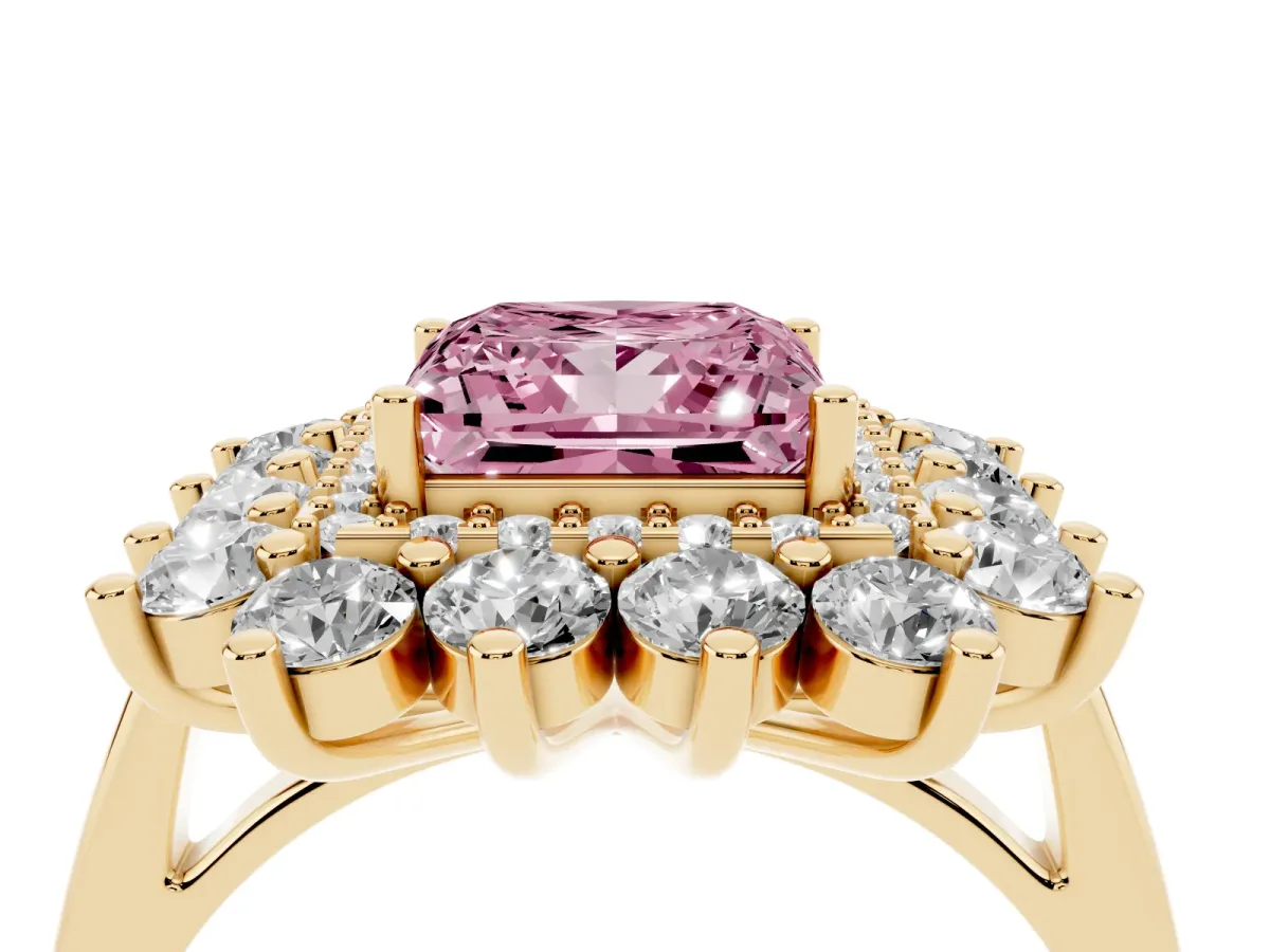 Fancy Pink Princess Cut Diamond Floral Double Halo Engagement Ring with Prong Setting Yellow gold