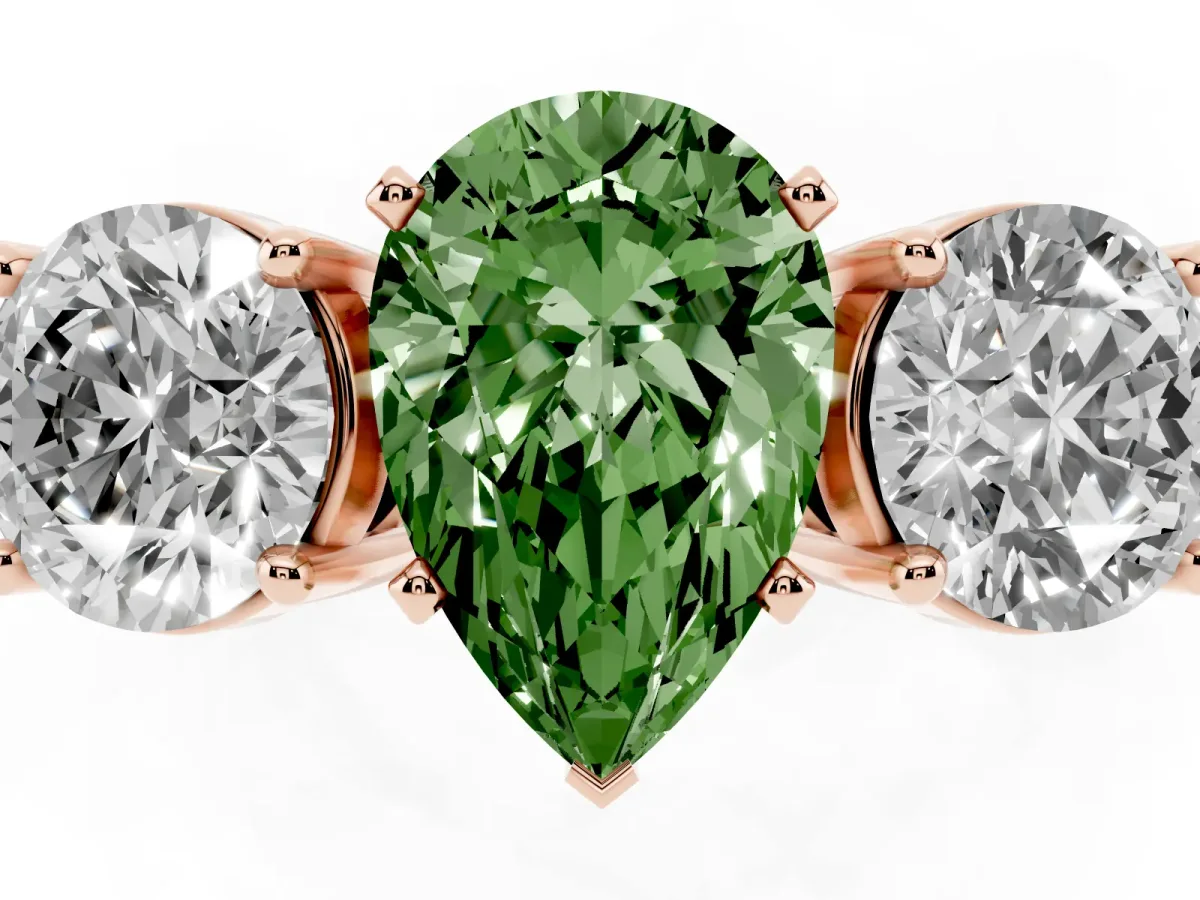 Fancy Green Three-Stone Pear Cut Diamond Ring with Round Side Stones, Classic Band, and Four-Prong Setting Rose gold