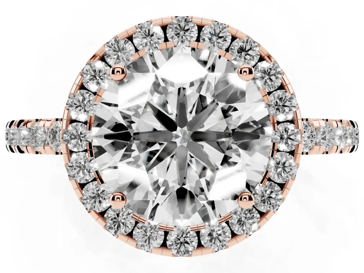 Round Cut Halo Diamond Engagement Ring with Pavé Band and Four-Prong Setting Rose gold