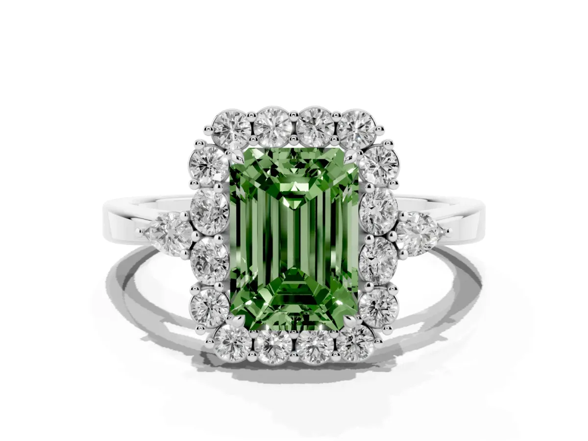 Fancy Green Emerald Cut Diamond Halo Ring with Pear Side Stones and Prong Setting Silver