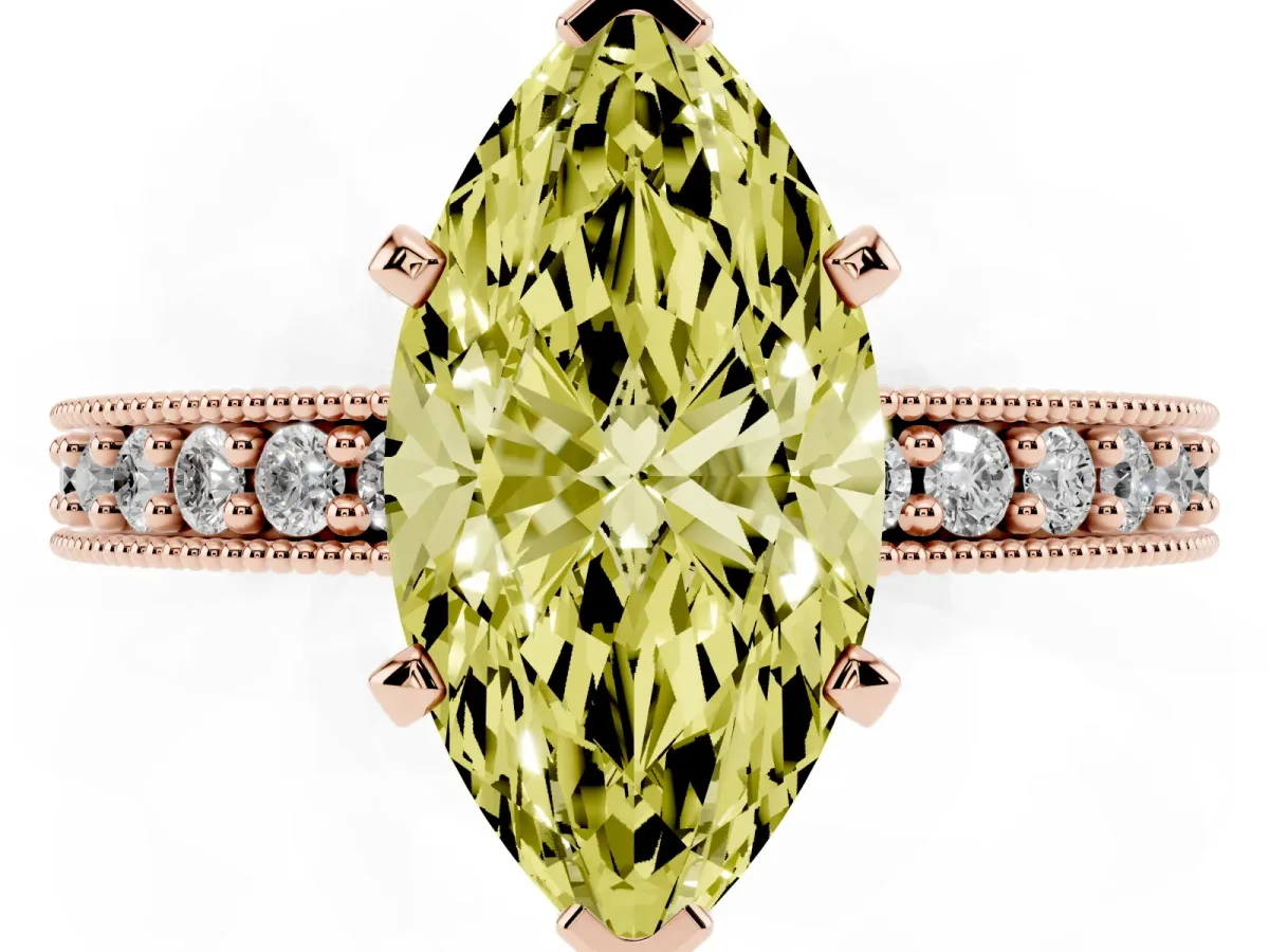 Fancy Yellow Marquise Cut Diamond Milgrain Pavé Engagement Ring with Four-Prong Setting Rose gold