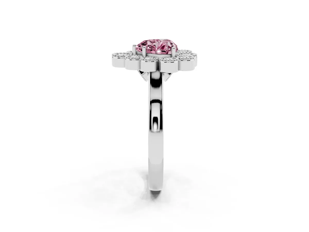 Fancy Pink Heart Cut Halo Diamond Cluster Engagement Ring with Milgrain Bezel Setting and Solitaire Band White gold