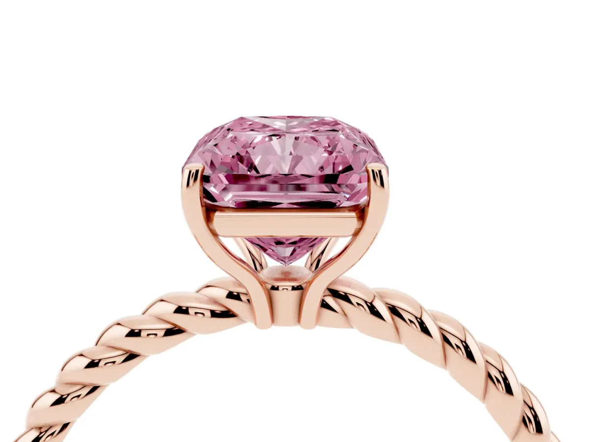 Fancy Pink Radiant Cut Solitaire Twist Band Ring with Four-Prong Setting Rose gold
