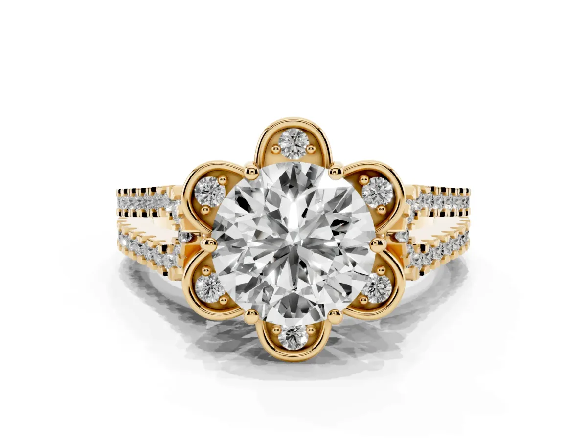 Round Cut Halo Diamond Floral Split Shank Engagement Ring Yellow gold
