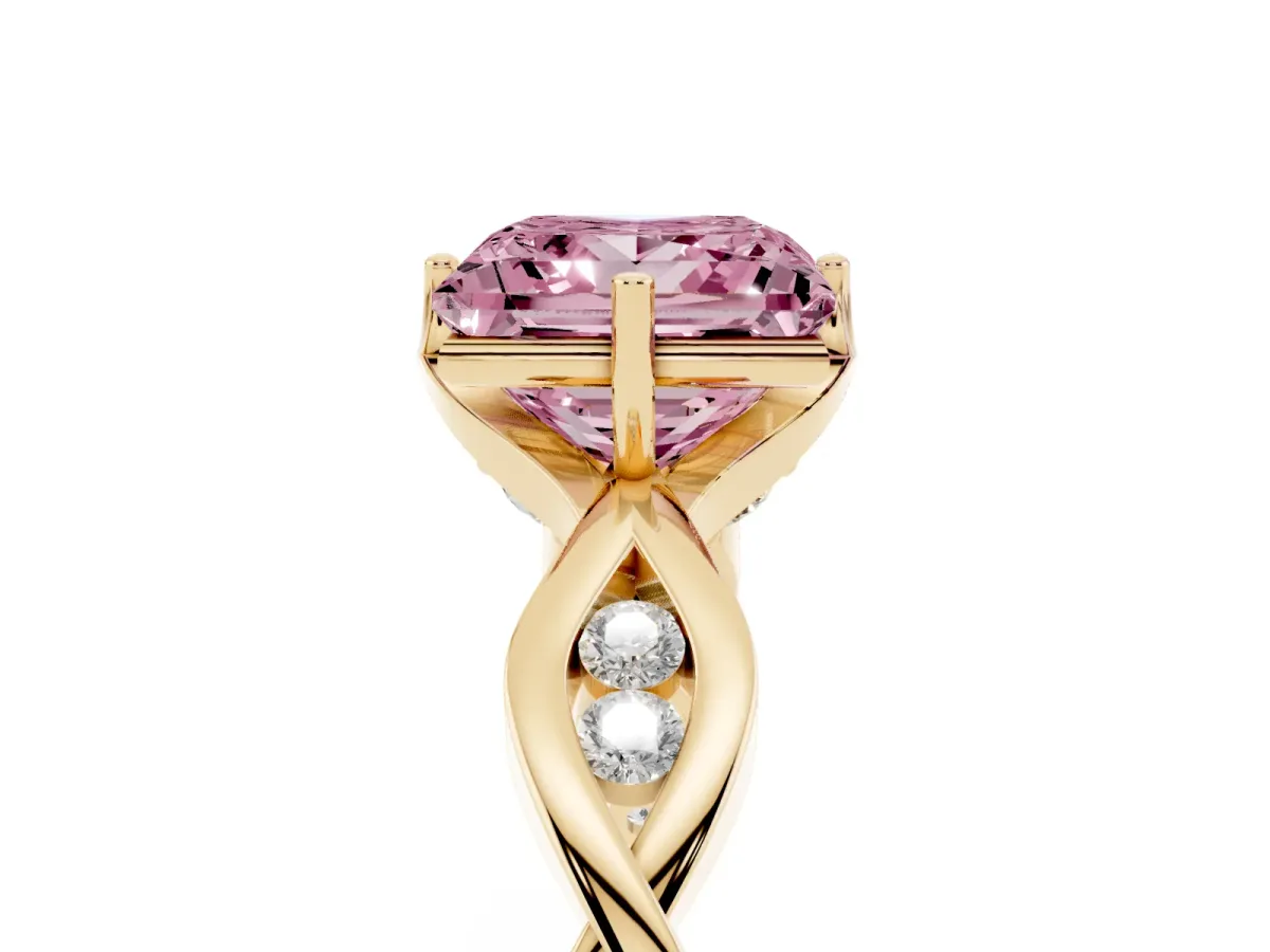 Fancy Pink Princess Cut Solitaire Twist Band with Leaf Prong Setting Yellow gold