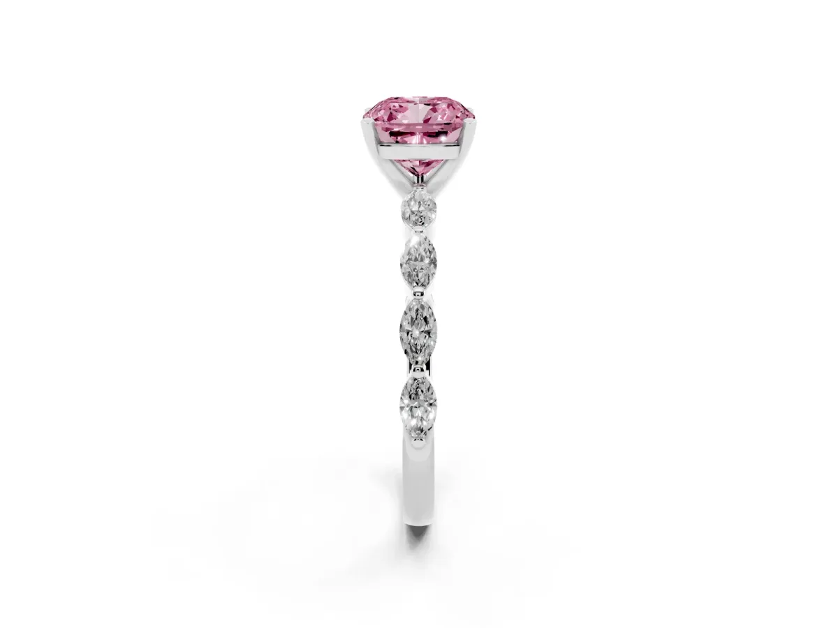 Fancy Pink Cushion Cut Diamond Ring with Marquise Side Stones and Prong Setting White gold
