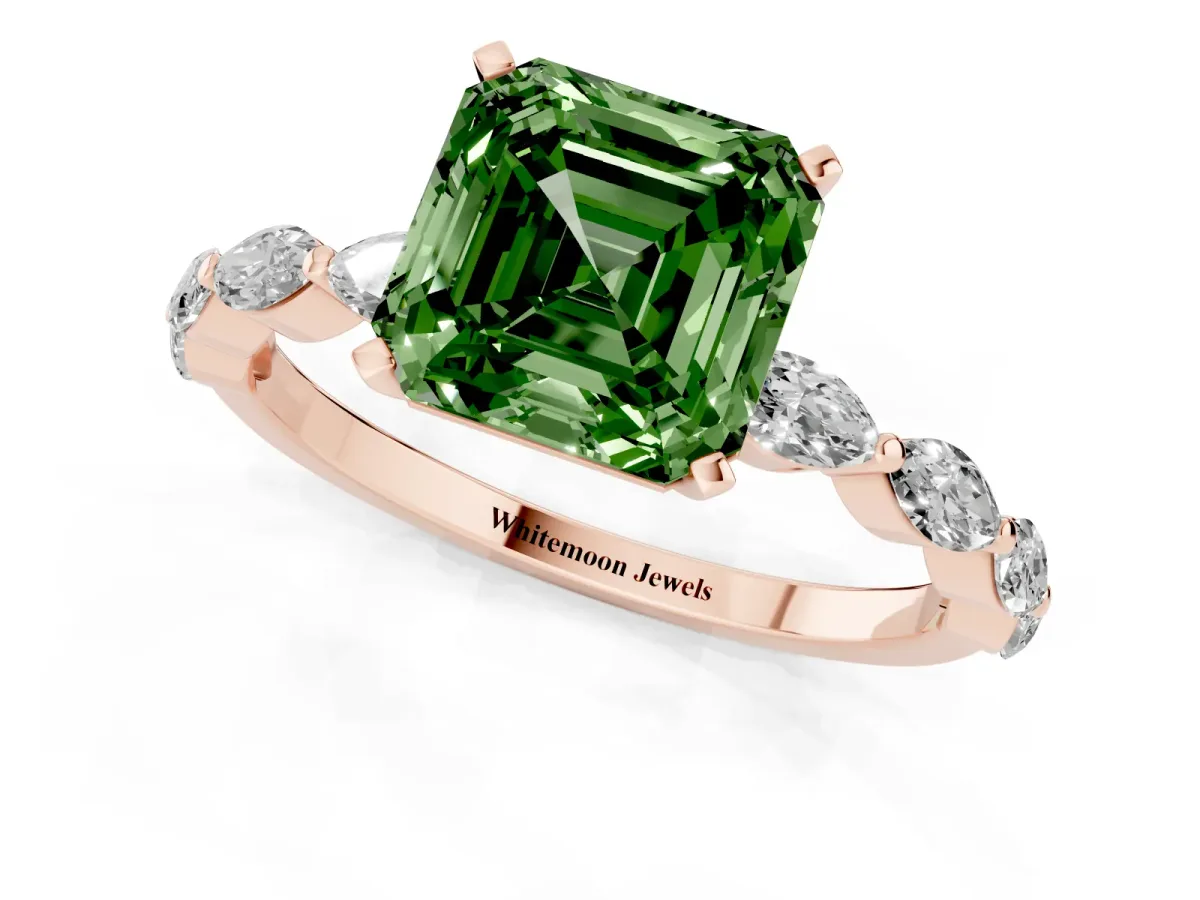 Fancy Green Asscher Cut Diamond Ring with Marquise Side Stones and Prong Setting Rose gold