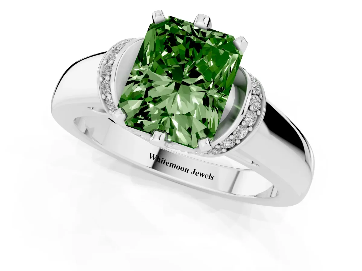 Fancy Green Radiant Cut Solitaire Diamond Ring with Pave Band and Six-Prong Setting White gold