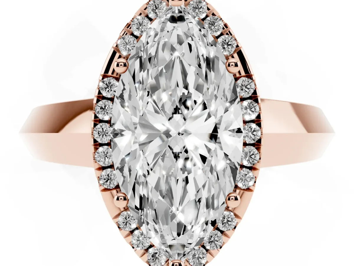Marquise Cut Halo Diamond Ring with Cathedral Band and Four-Prong Setting Rose gold