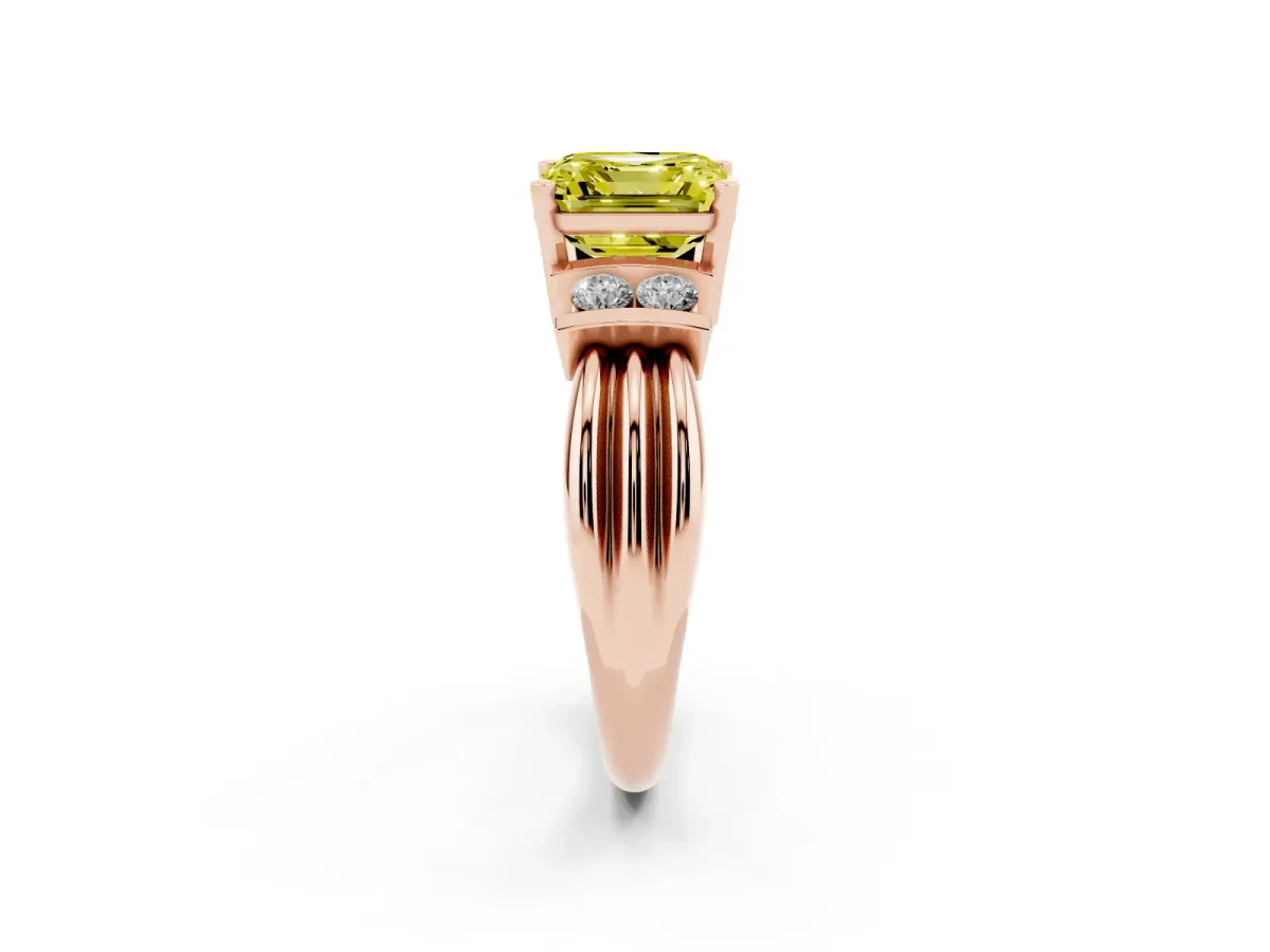 Fancy Yellow Asscher Cut Cut Three-Stone Channel Set Ring with Bar Prongs Rose gold