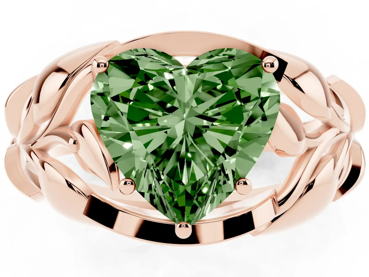 Fancy Green Heart Cut Diamond Leaf-Inspired Engagement Ring with Round Accents and Prong Setting Rose gold