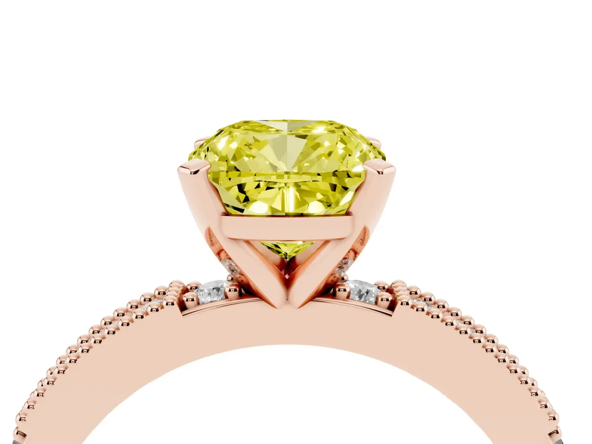 Fancy Yellow Cushion Cut Solitaire with Pavé Band and Four-Prong Setting Rose gold