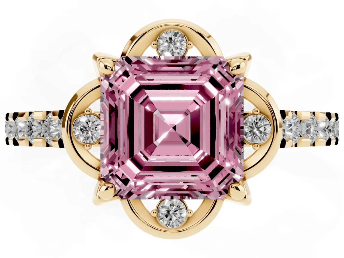 Fancy Pink Asscher Cut Diamond Ring with Pavé Band and Floral Prong Setting Yellow gold