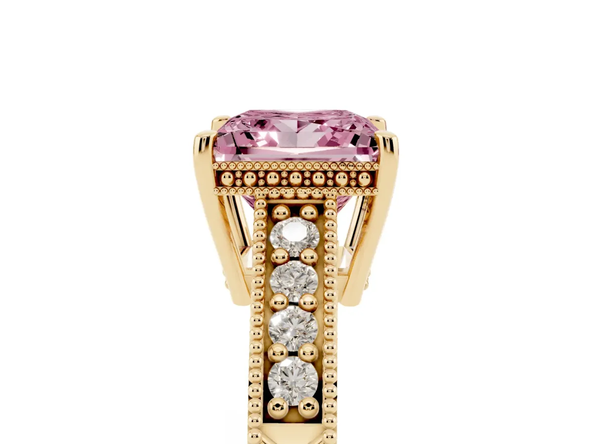 Fancy Pink Princess Cut Solitaire Pavé Diamond Milgrain Engagement Ring with Four-Prong Setting Yellow gold