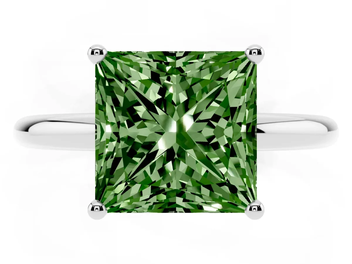 Fancy Green Princess Cut Cut Solitaire Engagement Ring with Four-Prong Setting and Classic Band White gold