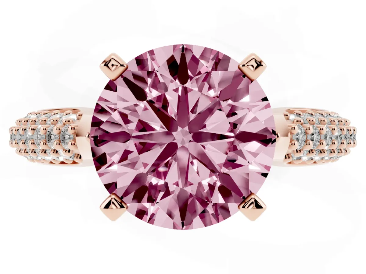 Fancy Pink Round Cut Diamond Solitaire Engagement Ring with Multi-Row Round Pavé Band and Prong Setting Rose gold