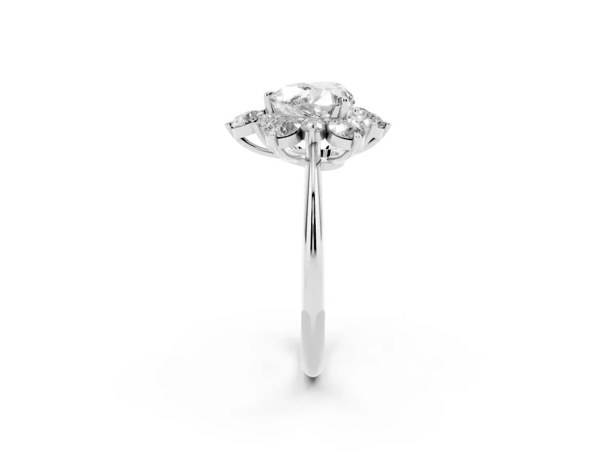 Heart Cut Diamond Cluster Halo Ring with Solitaire Band and Four-Prong Setting Platinum