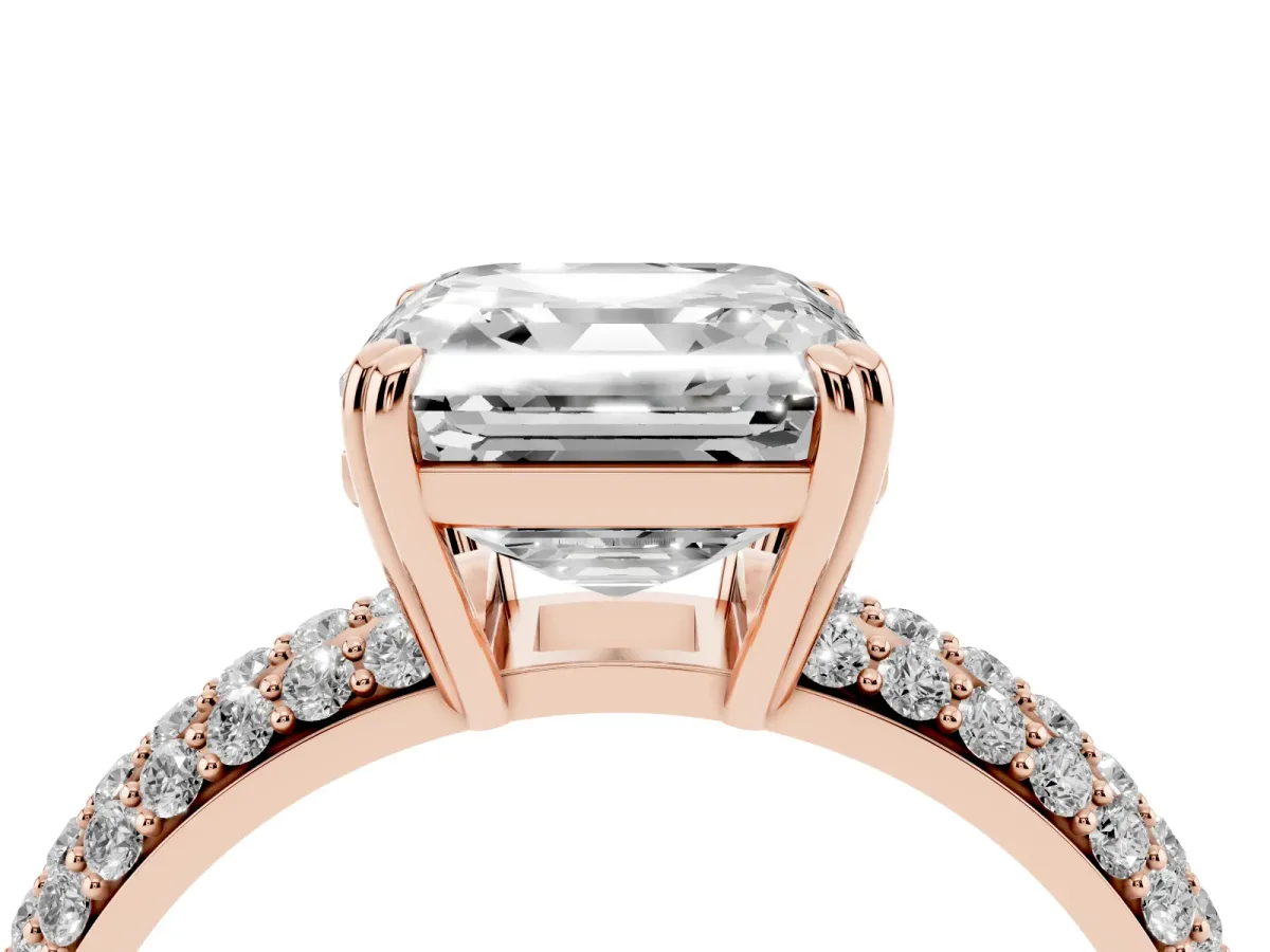 Asscher Cut Diamond Solitaire Ring with Multi-Row Round Pavé Band and Prong Setting Rose gold