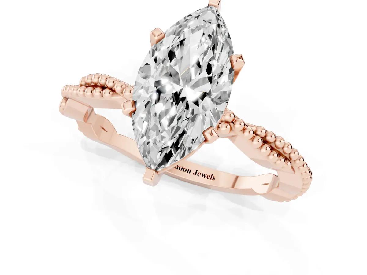 Marquise Cut Solitaire Twisted Band with Bead Prong Setting Rose gold