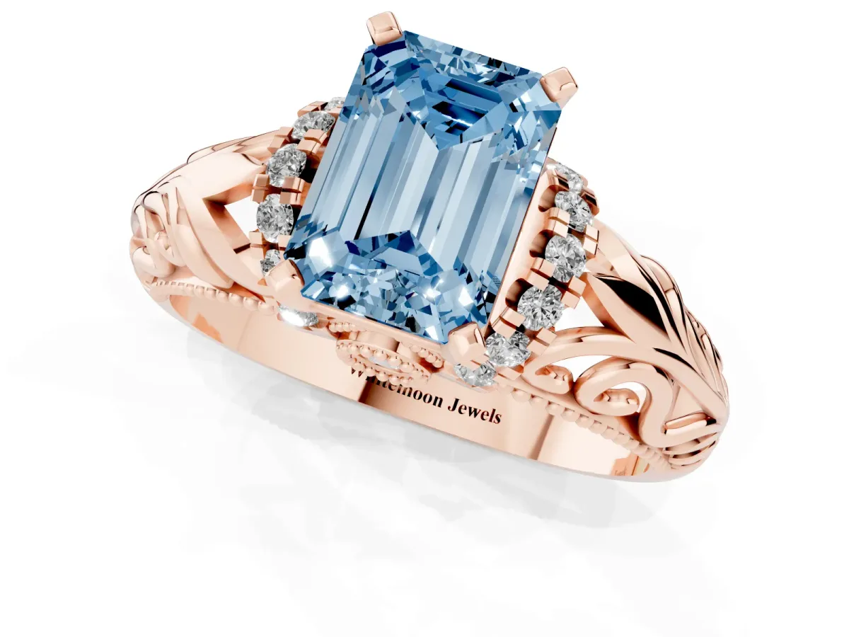 Fancy Blue Emerald Cut Solitaire Filigree Engagement Ring with Halo and Prong Setting Rose gold