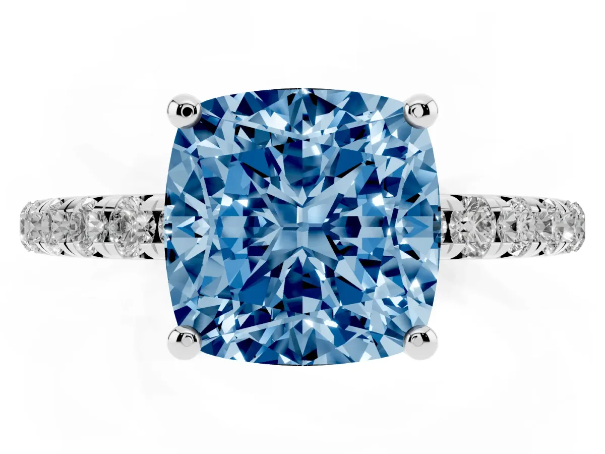 Fancy Blue Cushion Cut Cut Diamond Solitaire Ring with Micro Pave Band and Four Prong Setting Silver