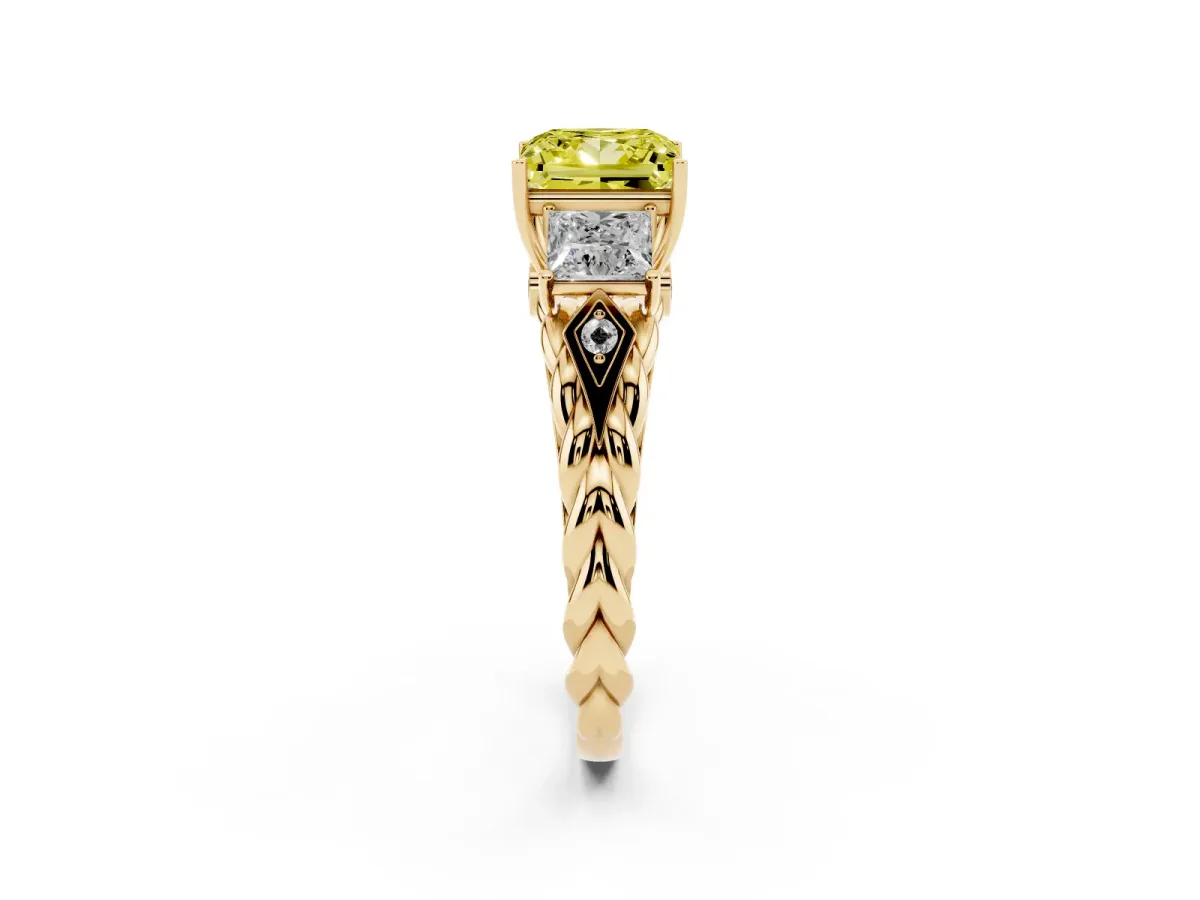Fancy Yellow Three-Stone Princess Cut Diamond Braided Band Ring with Four-Prong Setting Yellow gold