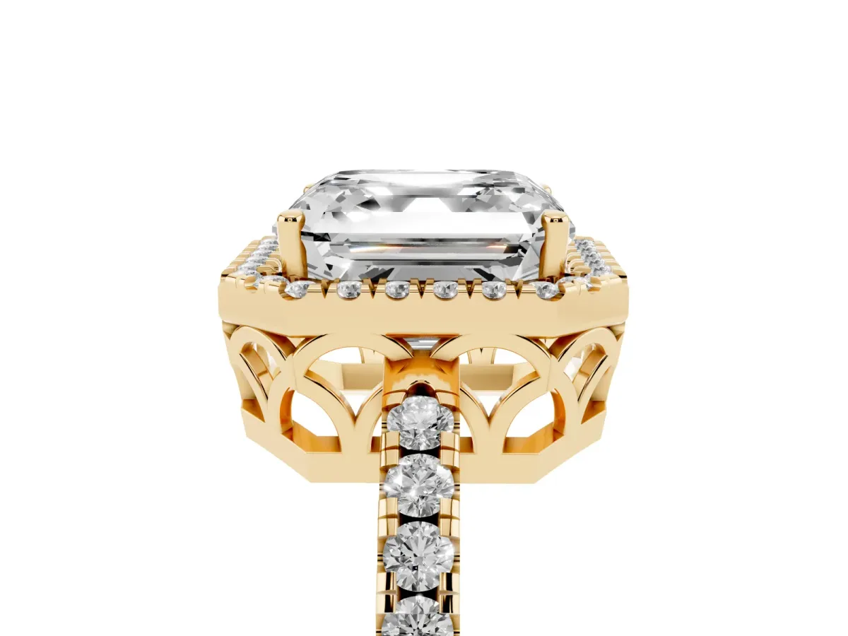 Asscher Cut Halo Diamond Engagement Ring with Pavé Band and Four-Prong Setting Yellow gold