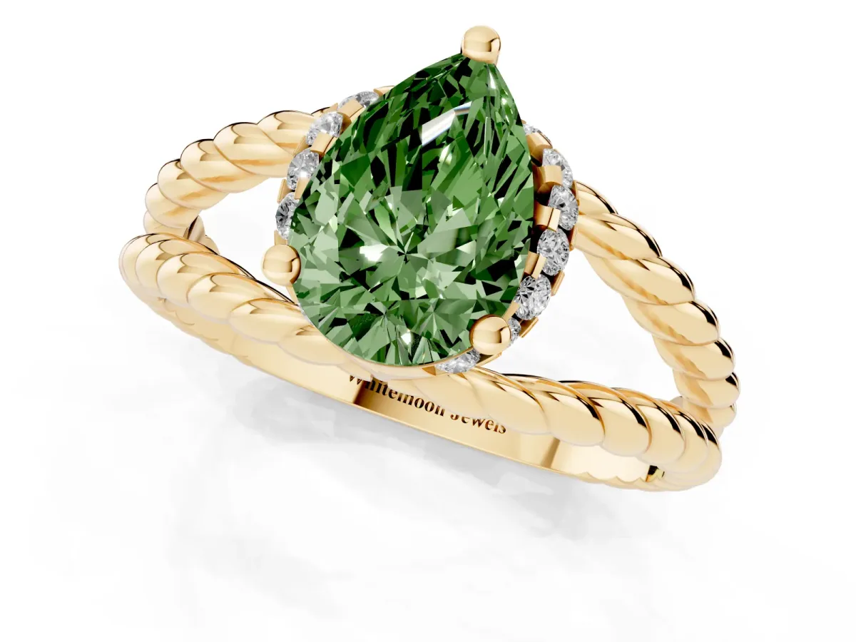 Fancy Green Pear Cut Halo Twisted Band Four-Prong Ring Yellow gold