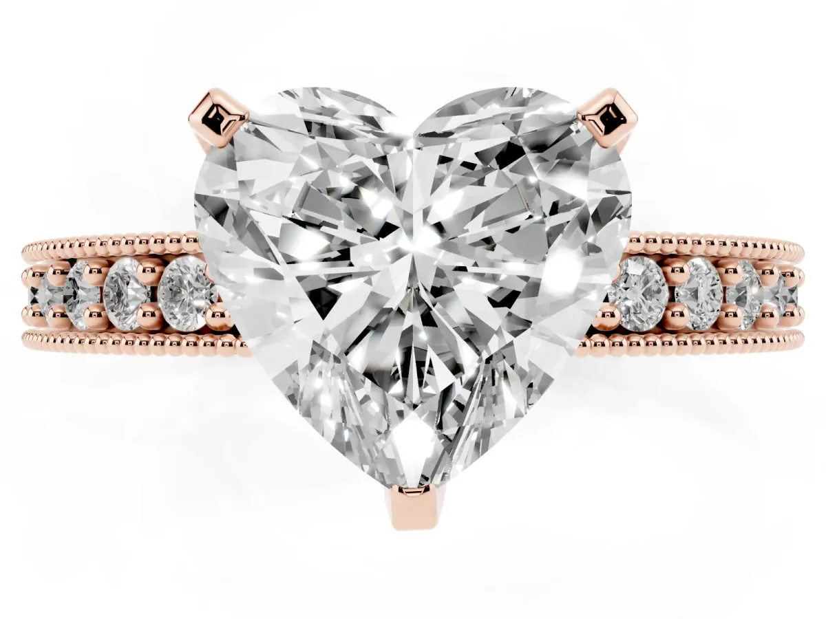Heart Cut Diamond Milgrain Pavé Engagement Ring with Four-Prong Setting Rose gold