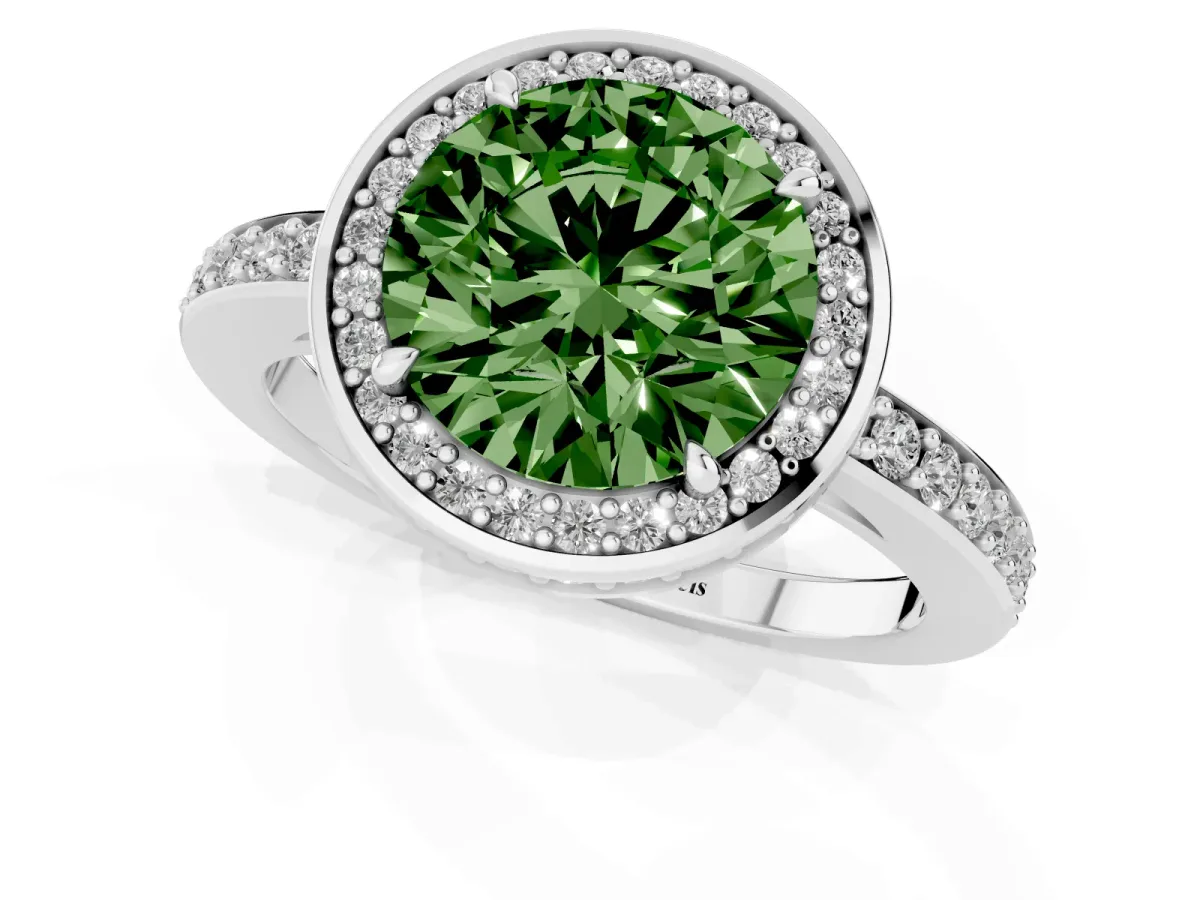 Fancy Green Round Cut Halo Pave Band Solitaire Ring with Prong Setting Silver