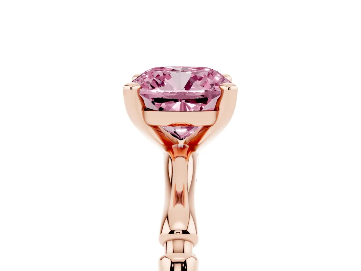 Fancy Pink Cushion Cut Solitaire Diamond Ring with Bamboo Band and Four-Prong Setting Rose gold