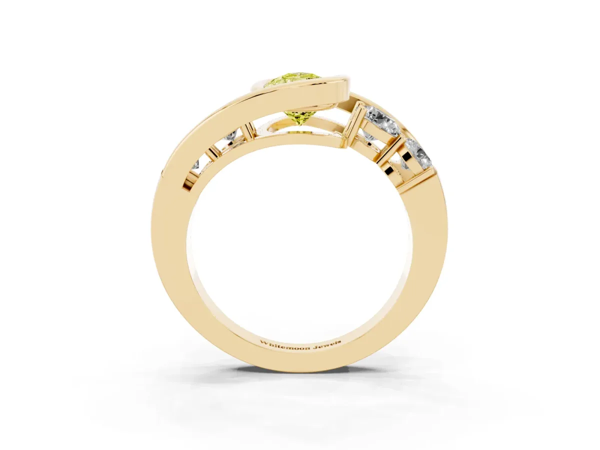 Fancy Yellow Bezel Set Pear Cut Diamond Bypass Ring with Round Accents Yellow gold