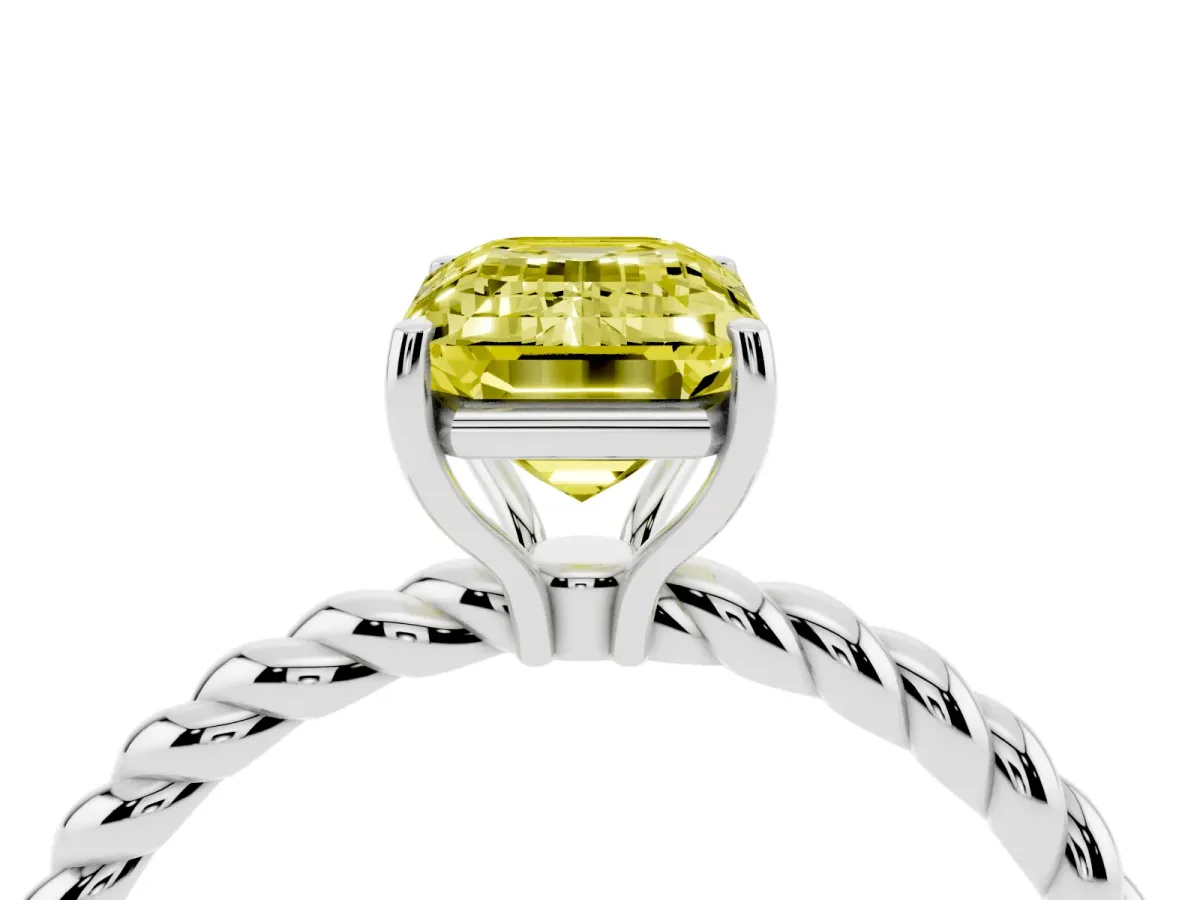 Fancy Yellow Emerald Cut Solitaire Twist Band Ring with Four-Prong Setting Platinum