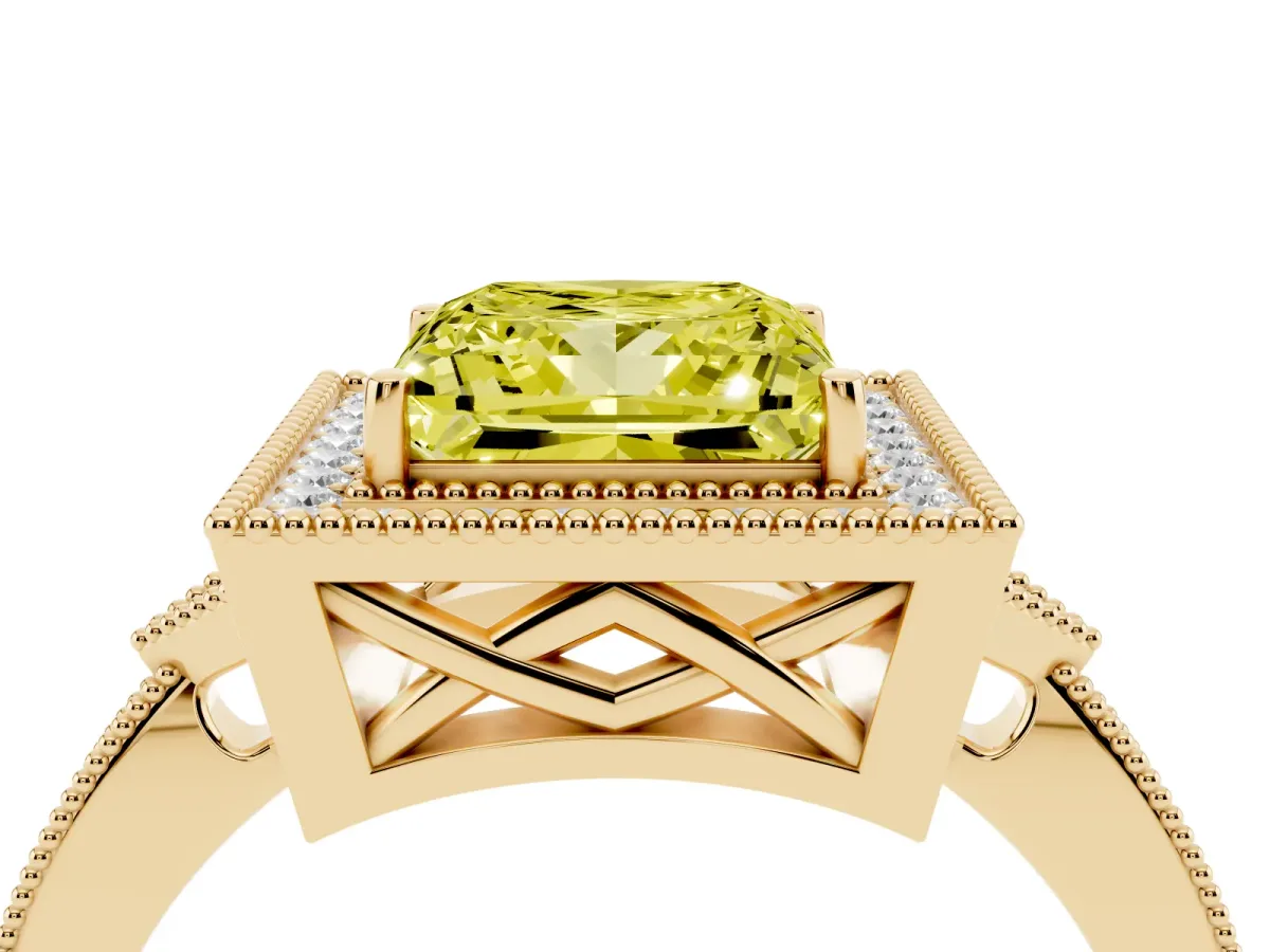 Fancy Yellow Princess Cut Halo Round Diamond Milgrain Pave Engagement Ring Yellow gold