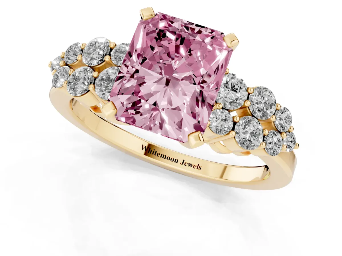 Fancy Pink Radiant Cut Cluster Diamond Engagement Ring with Pavé Band and Four-Prong Setting Yellow gold
