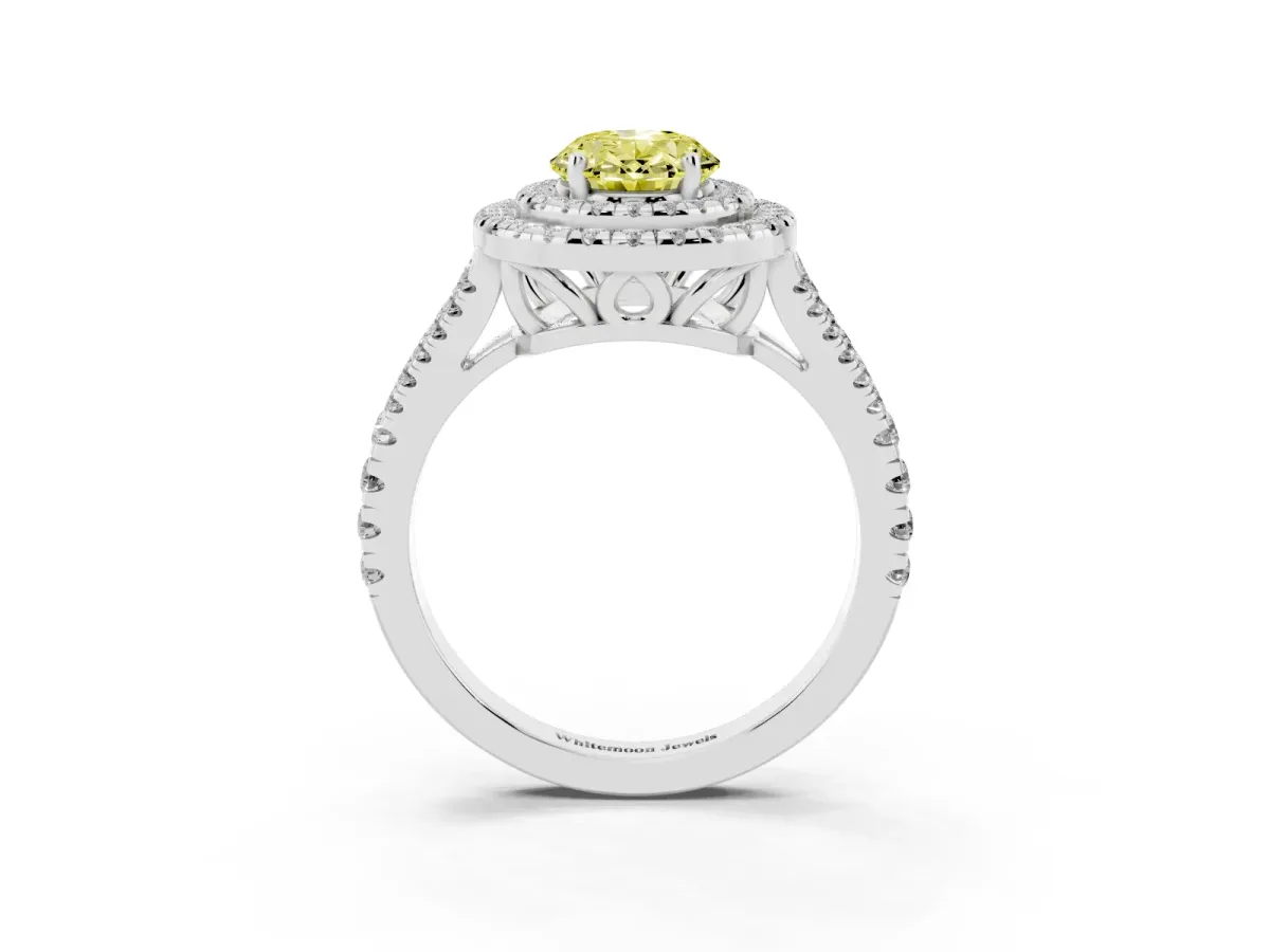 Fancy Yellow Oval Cut Diamond Double Halo Ring with Pavé Band and Prong Setting Platinum