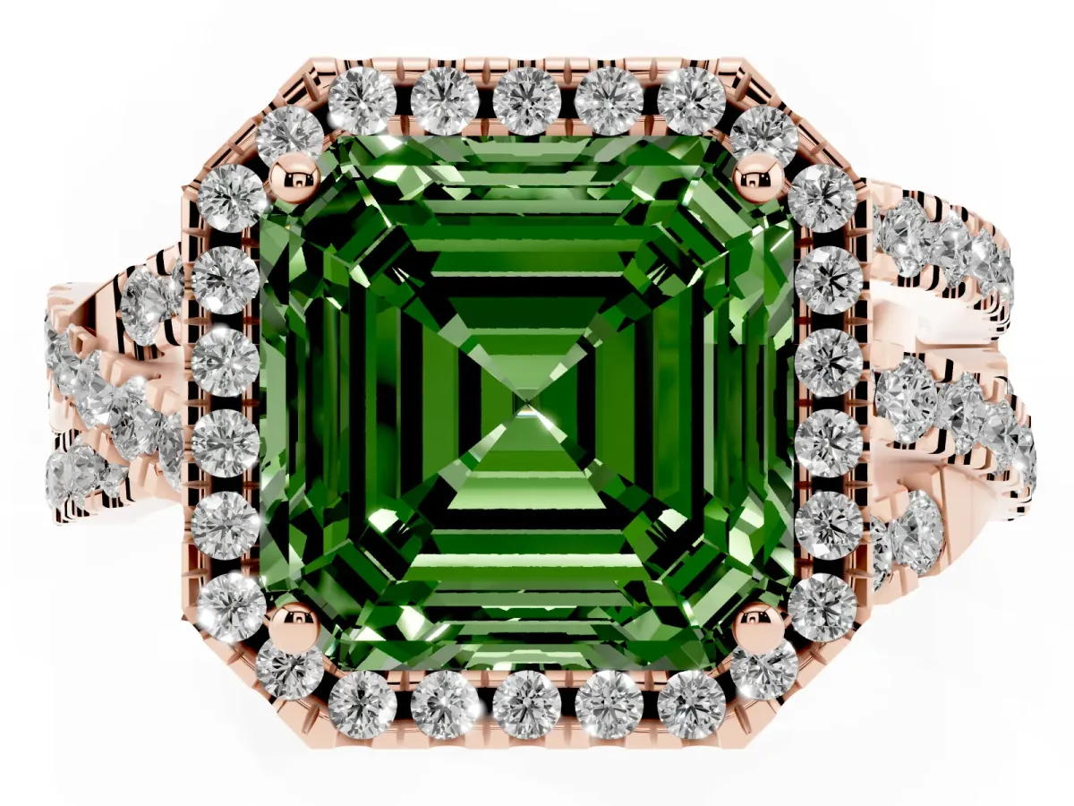 Fancy Green Asscher Cut Diamond Halo Ring with Round Split Shank and Prong Setting Rose gold