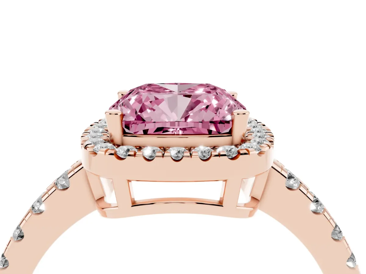 Fancy Pink Cushion Cut Diamond Halo Ring with Pavé Band and Four-Prong Setting Rose gold