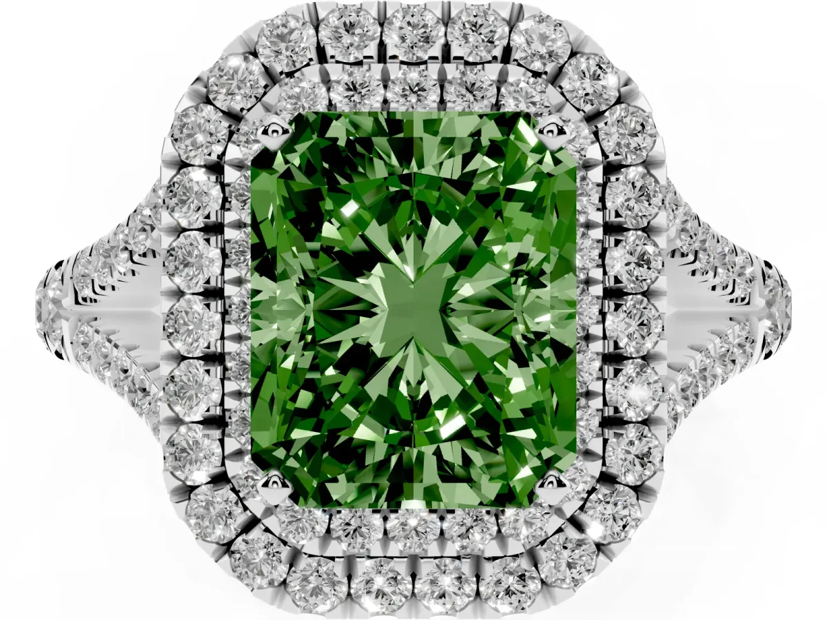 Fancy Green Radiant Cut Diamond Double Halo Ring with Split Shank and Prong Setting White gold