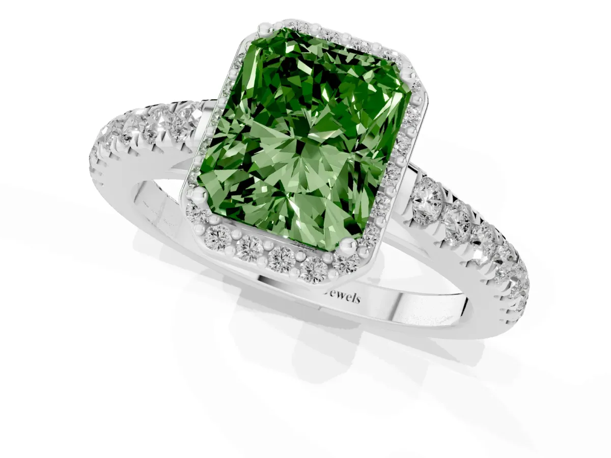 Fancy Green Radiant Cut Cut Halo Diamond Engagement Ring with Pave Band and Four-Prong Setting Platinum