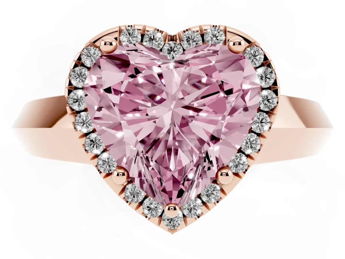 Fancy Pink Heart Cut Halo Diamond Ring with Cathedral Band and Four-Prong Setting Rose gold
