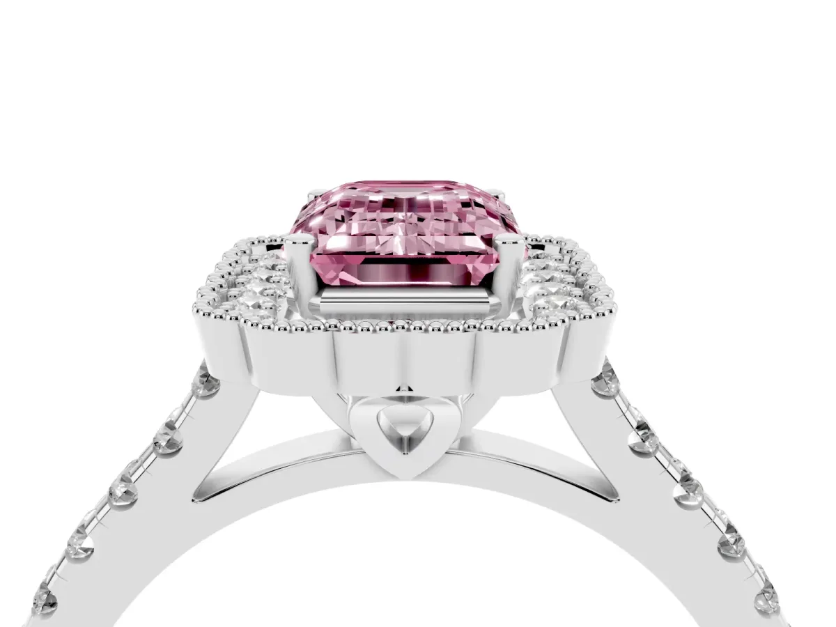 Fancy Pink Emerald Cut Cut Diamond Milgrain Floral Halo Engagement Ring with Pavé Band White gold