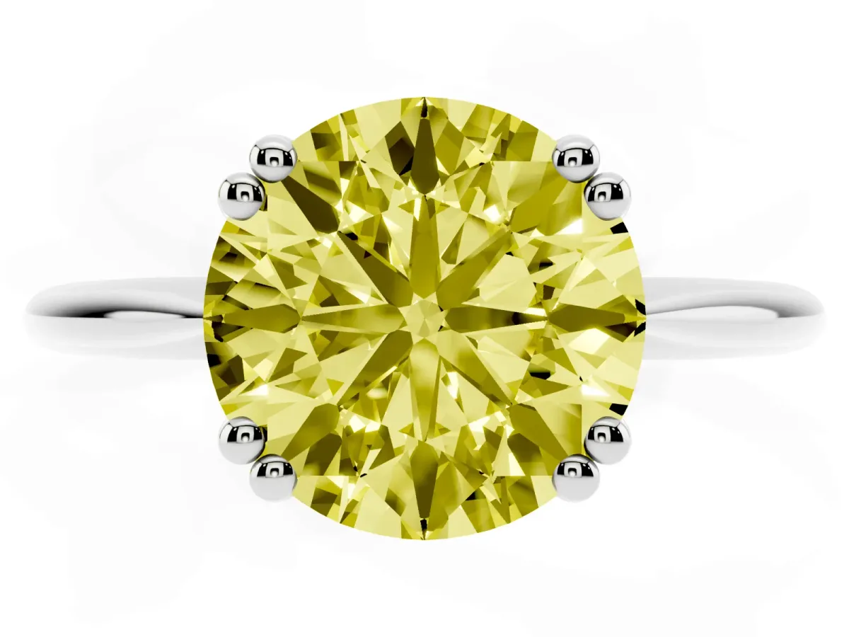 Fancy Yellow Round Cut Solitaire Diamond Ring with Six-Prong Setting and Classic Band Silver