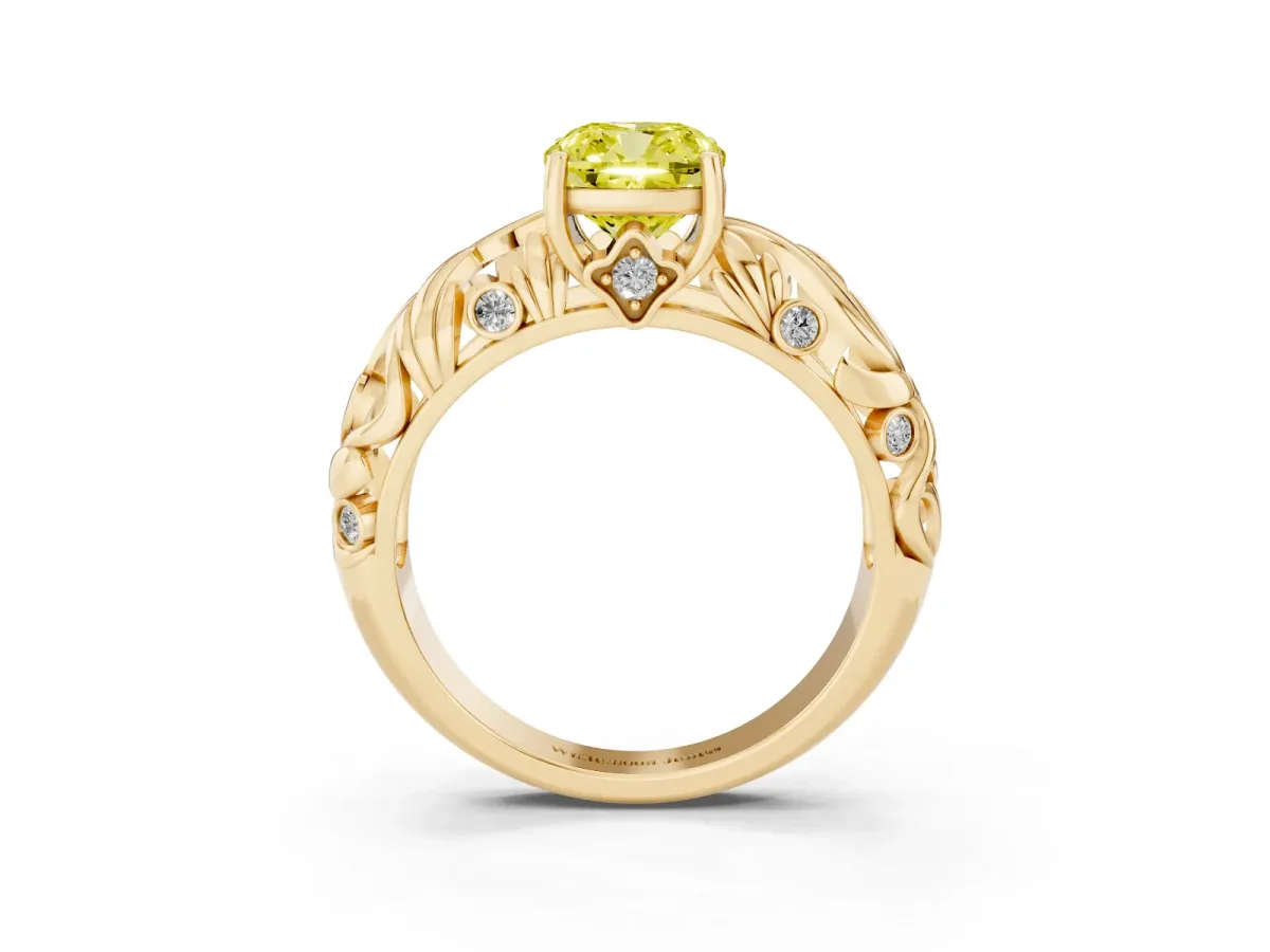Fancy Yellow Cushion Cut Solitaire Diamond Leaf-Inspired Vine Band Ring with Prong Setting Yellow gold