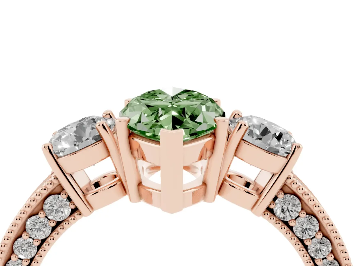 Fancy Green Marquise Cut Three-Stone Diamond Ring with Pavé Band and Four-Prong Setting Rose gold