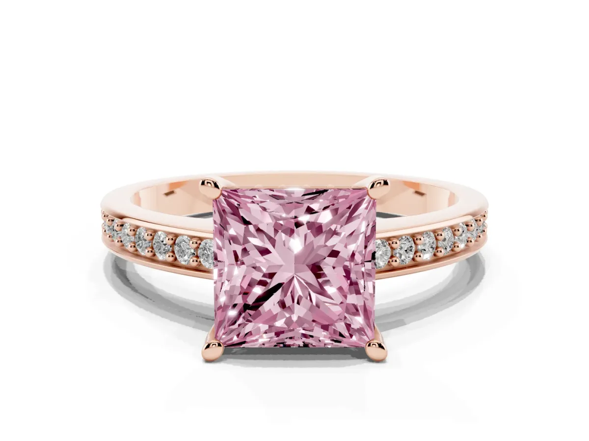 Fancy Pink Princess Cut Solitaire Pavé Band Prong Setting Ring Rose gold