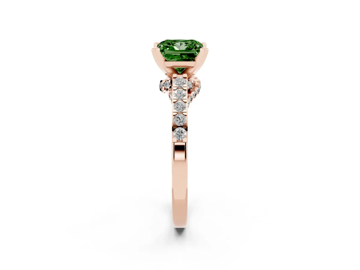 Fancy Green Princess Cut Diamond Solitaire Ring with Crossover Gallery and Round Pavé Band Rose gold