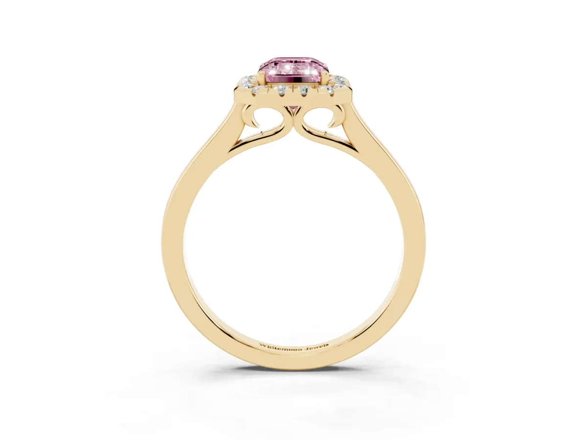 Fancy Pink Emerald Cut Halo Round Diamond Solitaire Ring with Pavé Band and Four-Prong Setting Yellow gold
